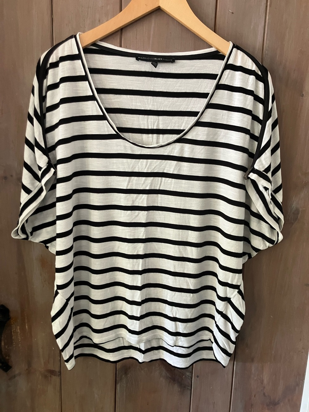White House Black Market Black and White Striped Scoop Neck Tee